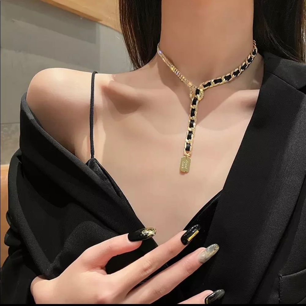 Women Gold Color Pendant Cord Choker Thick Chain